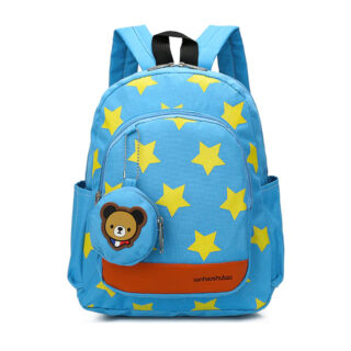 Backpack with blue bear pendant with yellow stars and white background