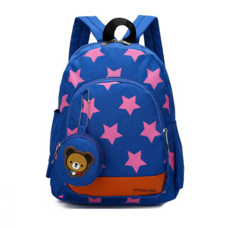 Backpack with blue bear pendant with white background