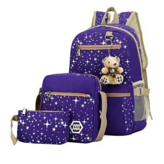 Backpack with stars and bear pendant with pouch, fashionable purple shoulder strap