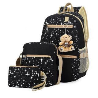 Backpack with star pattern and black bear pendant with white background