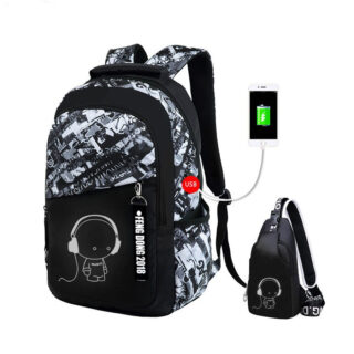 Graffiti backpack with USB port for boys in black