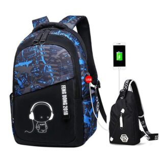 Graffiti backpack with USB port for boys in blue and black with white background