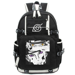 Black backpack with Tendo and Naruto Uzumaki design in black and white with pattern
