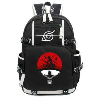 Black backpack with Uchiwa clan logo and side pockets