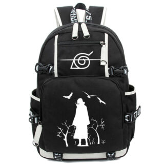 Black and white Itachi backpack with side pockets