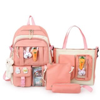 Multi-pocket backpack for teenage girls in pink with white background