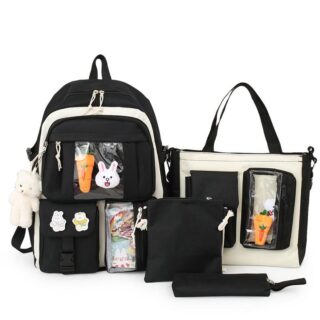 Black and beige teenage multi-pocket backpack with pattern