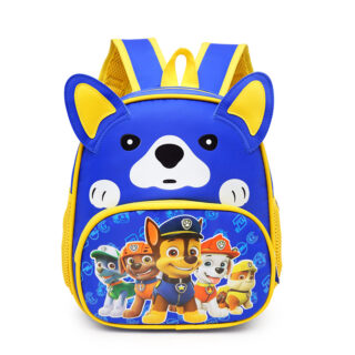 Blue and yellow Patrol dog design backpack with white background