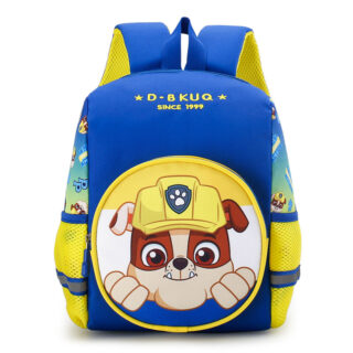 Pat Patrol backpack in blue and yellow flannel with white background