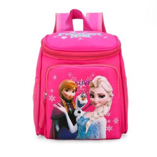 Pink girls' polyester snow queen backpack with white background