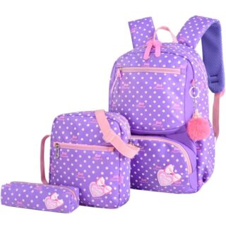 Set of 02 bags and one pencil case with purple pompon pendant and white background