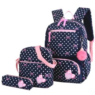 Set of 02 bags and one pencil case with polka dot pattern and pompon pendant