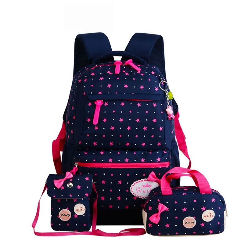 Set of 03 bow motif bags with blue coloured closure with pink dots and lace