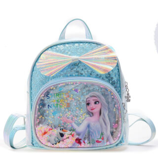 Snow Queen Elsa blue glitter backpack with white background