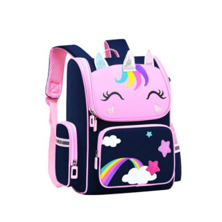 Sac à dos licorne motif étoiles et arc-en-ciel pour filles bleu et rose avec un fond blanc