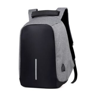 Sac à dos anti-vol imperméable et réfléchissant avec charge USB gris et noir avec un fond blanc