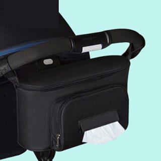 Sac de rangement pour poussette de bébé noir avec un fond bleu