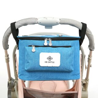 Sac de rangement élégant pour poussette bleu avec un fond une poussette