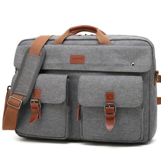 17 inch grey and brown laptop backpack with white background