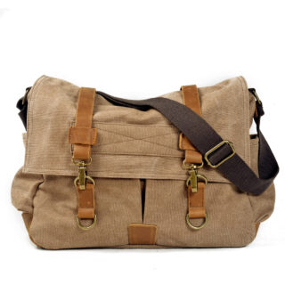 Brown men's canvas shoulder bag with white background
