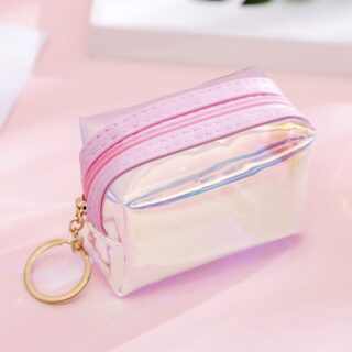 Porte monnaie couleur holographique multicolore et transparent avec un fond rose