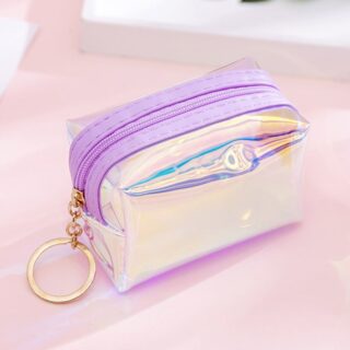 Porte monnaie couleur holographique violet avec un fond rose