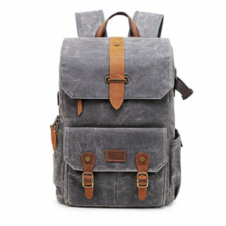 Large camera bag with USB port in grey and brown with white background