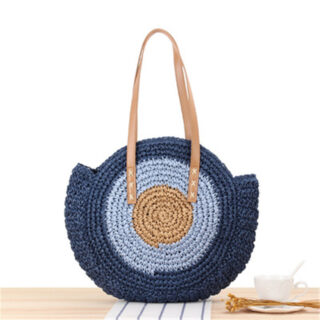 Round woven straw beach bag for women blue with a wooden table bottom