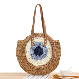 Round woven straw beach bag for women brown with a brown table bottom