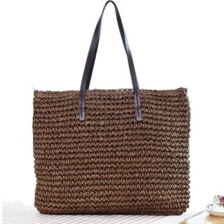 Bohemian woven straw beach bag for women in brown with white background