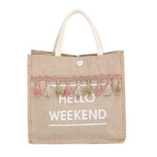 Women's brown linen beach bags with white background