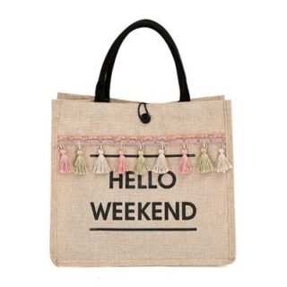 Women's linen beach bags with hello weekend pattern