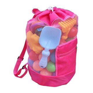 Pink children's beach backpack with toys inside