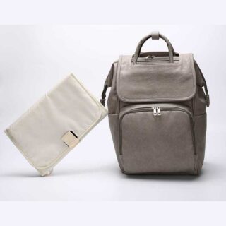 Maternity changing bag in grey leatherette with white background