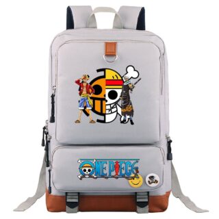 Sac à dos One Piece Luffy pour enfants gris avec des images de One piece et un fond blanc