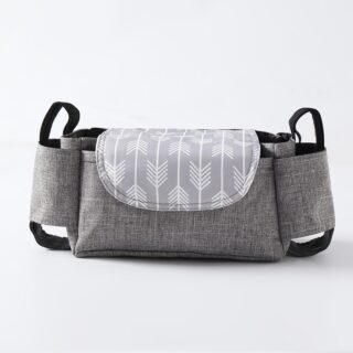 Pram bag with grey baby accessory design with white background