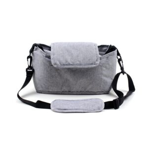Pram storage bag, solid grey with white background