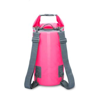 Waterproof beach backpack in pink and grey PVC with a white background