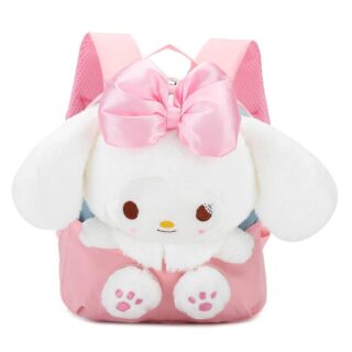 Pink backpack for little girls with integrated white rabbit plush