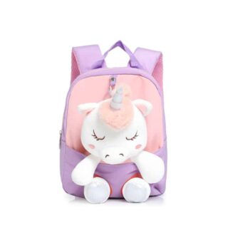 Cute purple and pink unicorn backpack for little girls with a white background