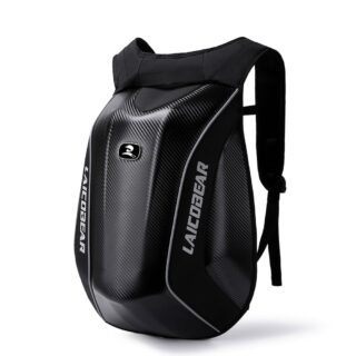 Waterproof expandable black motorbike backpack with white background