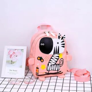 Colourful kindergarten backpack with a pink zebra and a checkered tablecloth background