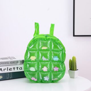Inflatable backpack perfect for back to school green with white background with books on the side