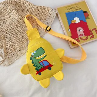 Kindergarten bag small yellow dinosaur with a book on the side