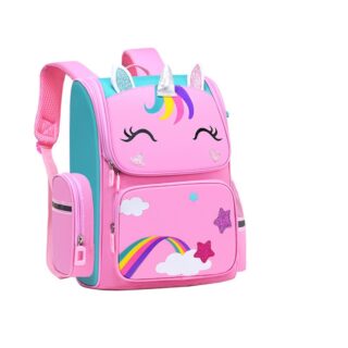 A pink unicorn schoolbag for children on a white background. It has two pink shoulder straps, a pocket on the front and on the side.