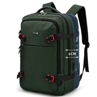 A green large capacity backpack set straight on a white background. It has four black and red closures on the front, a handle on the top and two shoulder straps on the back.