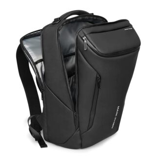 A black computer backpack on a white background. It has pockets on the sides and two black shoulder straps on the back. It has a modern style.