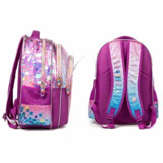 A child's unicorn satchel shown on its back and side. It is pink with glitter and touches of blue.