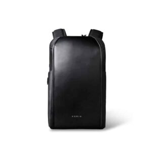 A black waterproof backpack set straight on a white background. It has two black shoulder straps. A central zippered pocket on top and a side pocket.